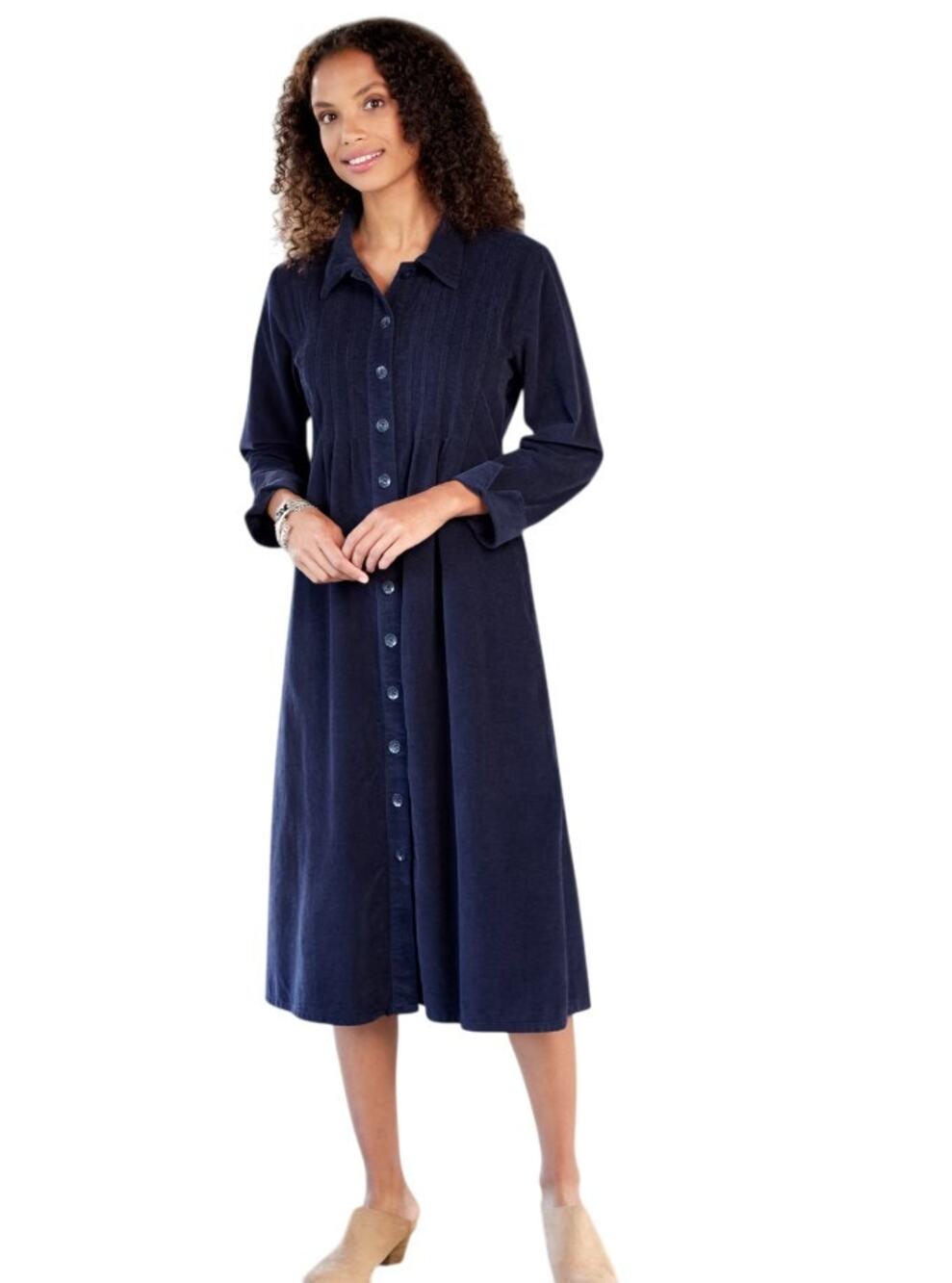 The Vermont Country Store Navy Blue Pintuck Cotton Corduroy Midi Dress